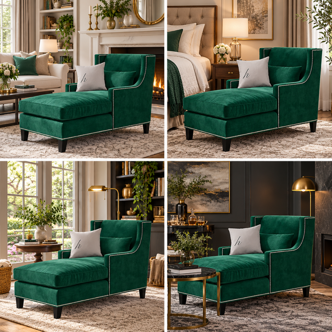 Wooden Twist Majestic Wingback Velvet Chaise Lounge Green – Room Setting Collage