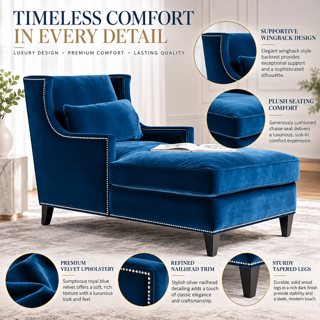 Wooden Twist Majestic Wingback Velvet Chaise Lounge Blue – Timeless Comfort Features Infographic