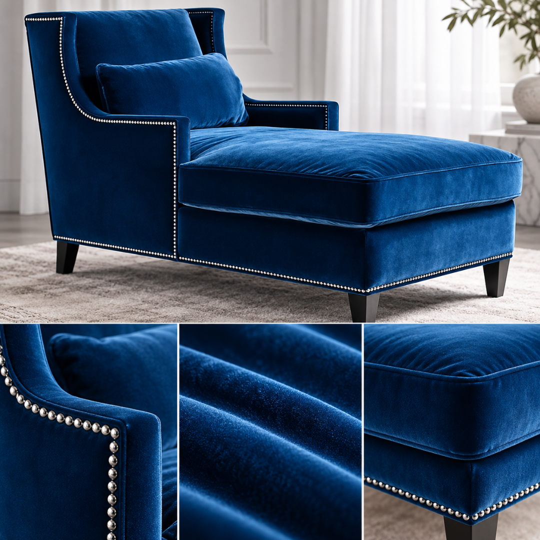 Wooden Twist Majestic Wingback Velvet Chaise Lounge Blue – Velvet and Nailhead Detail Close-Ups
