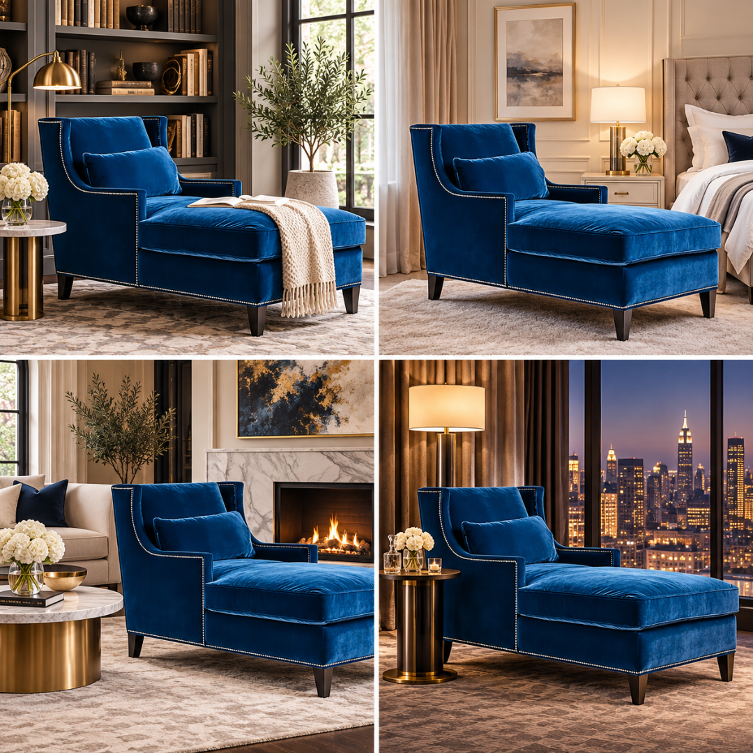 Wooden Twist Majestic Wingback Velvet Chaise Lounge Blue – Room Setting Collage