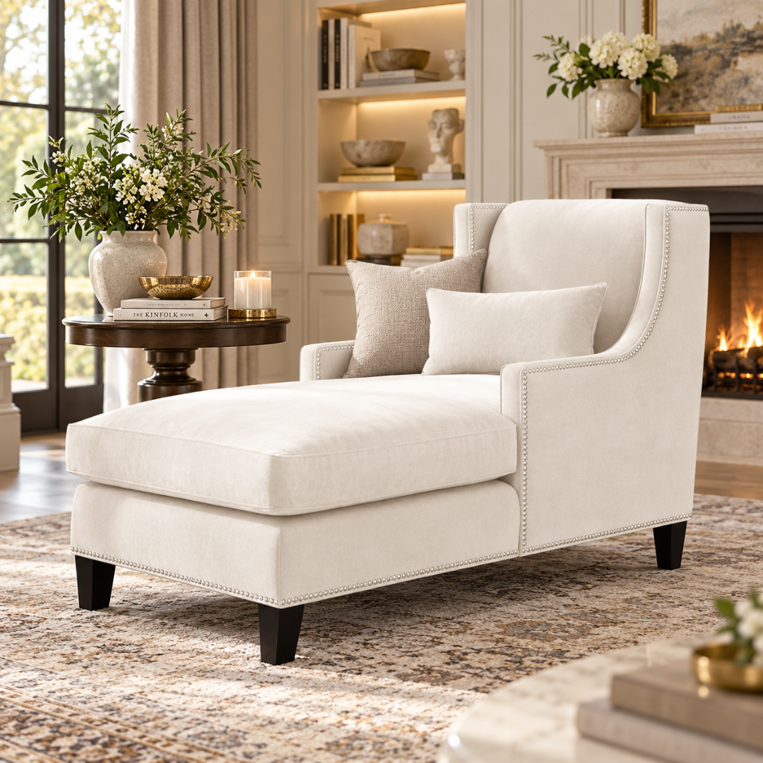 Wooden Twist Majestic Wingback Velvet Chaise Lounge Cream – Living Room Setting