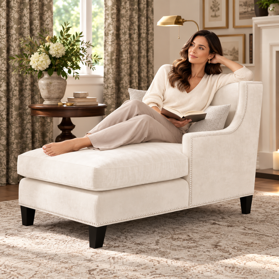 Wooden Twist Majestic Wingback Velvet Chaise Lounge Cream – Woman Reading on Chaise