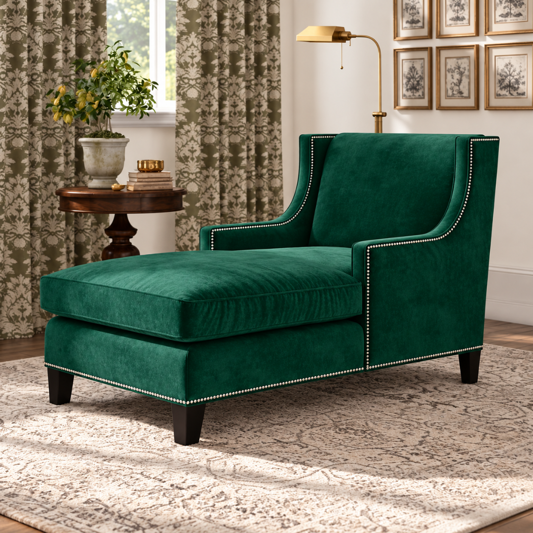 Wooden Twist Majestic Wingback Velvet Chaise Lounge Green – Living Room Setting