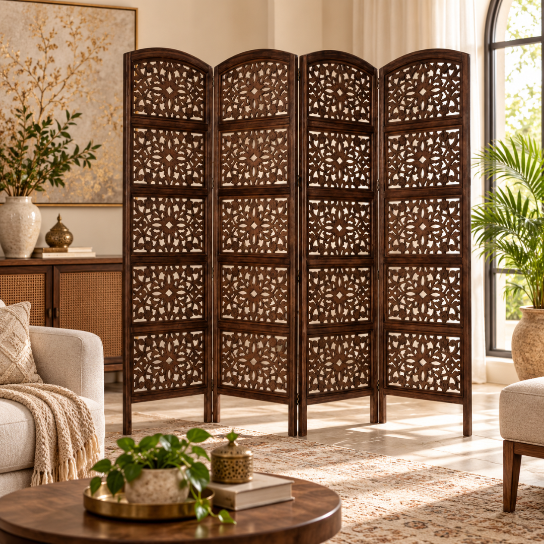 Wooden Twist Hand-Carved Mango Wood 4 Panel Room Divider Brown – living room