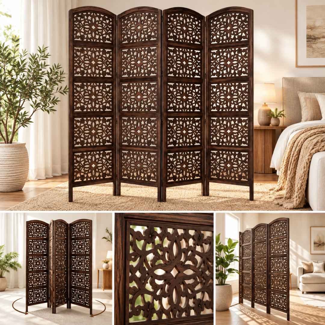Wooden Twist Hand-Carved Mango Wood 4 Panel Room Divider Brown – bedroom and styled views