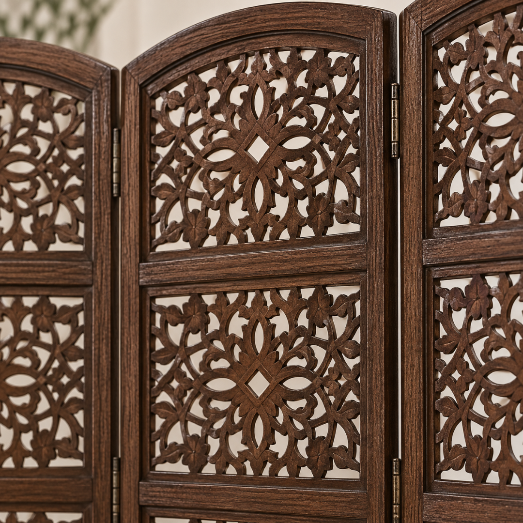 Wooden Twist Hand-Carved Mango Wood 4 Panel Room Divider Brown – carved jali close-up