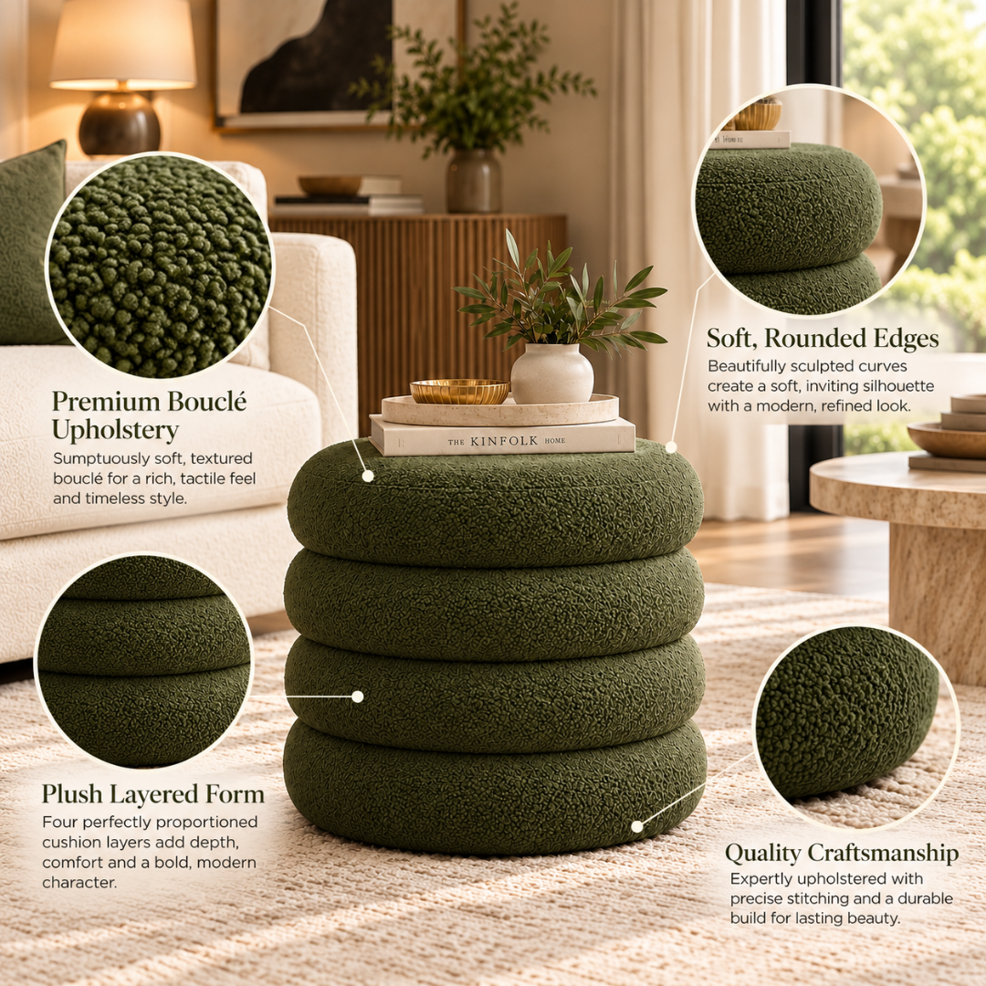 Marlo boucle pouf styled in a living room, bedroom, reading corner and entryway