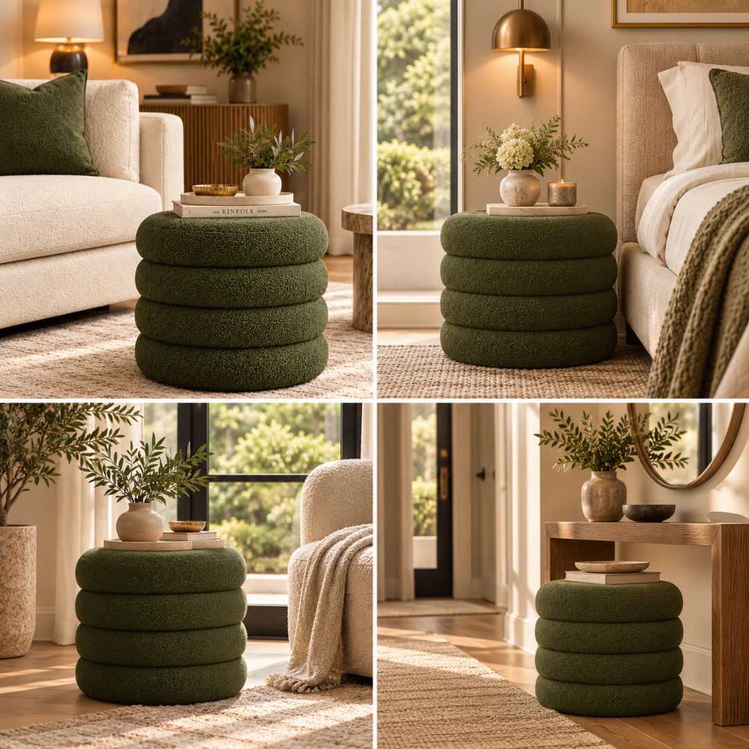Marlo olive green boucle pouf shown as a side table and footstool in different rooms