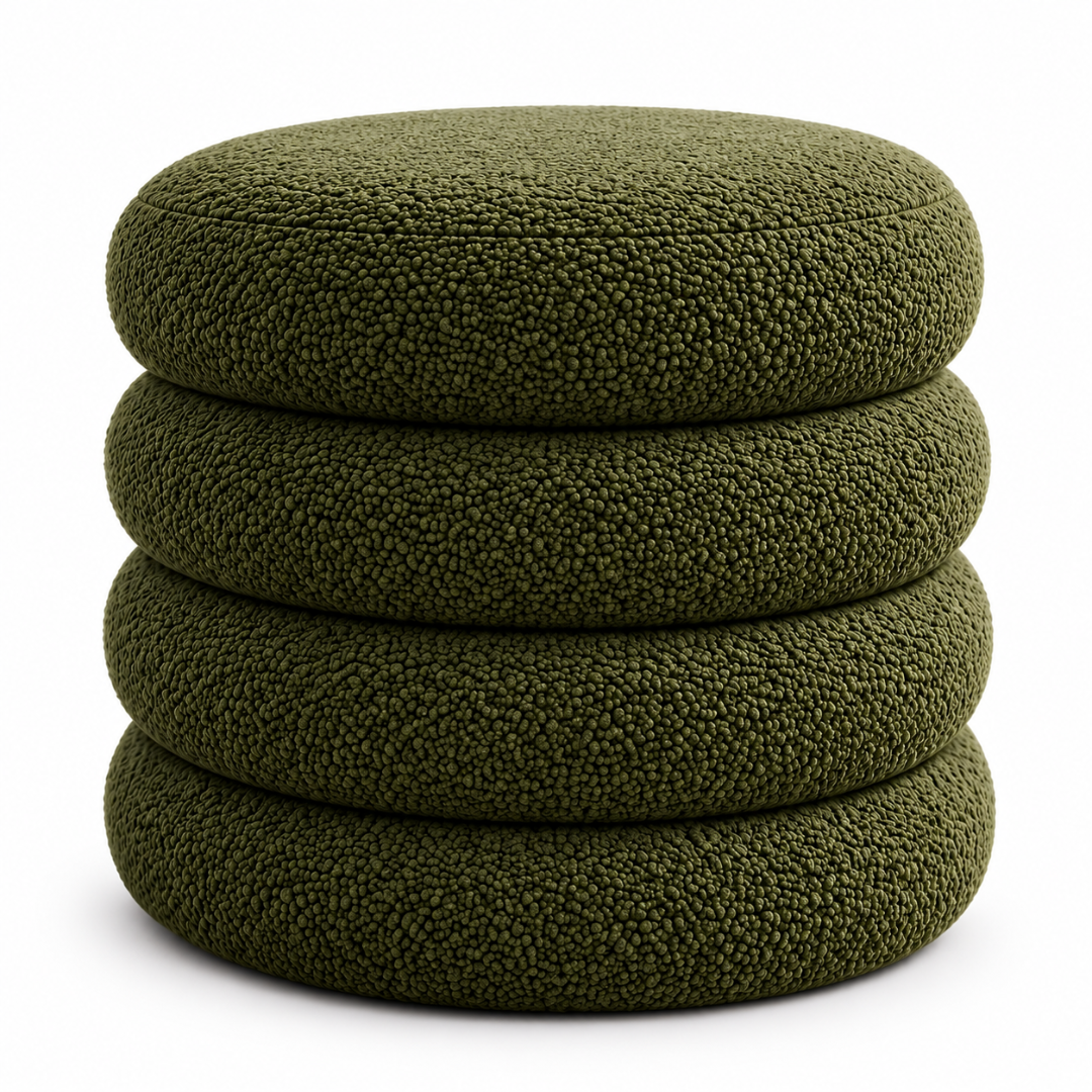 Marlo olive green boucle pouf with four stacked rings on a white background