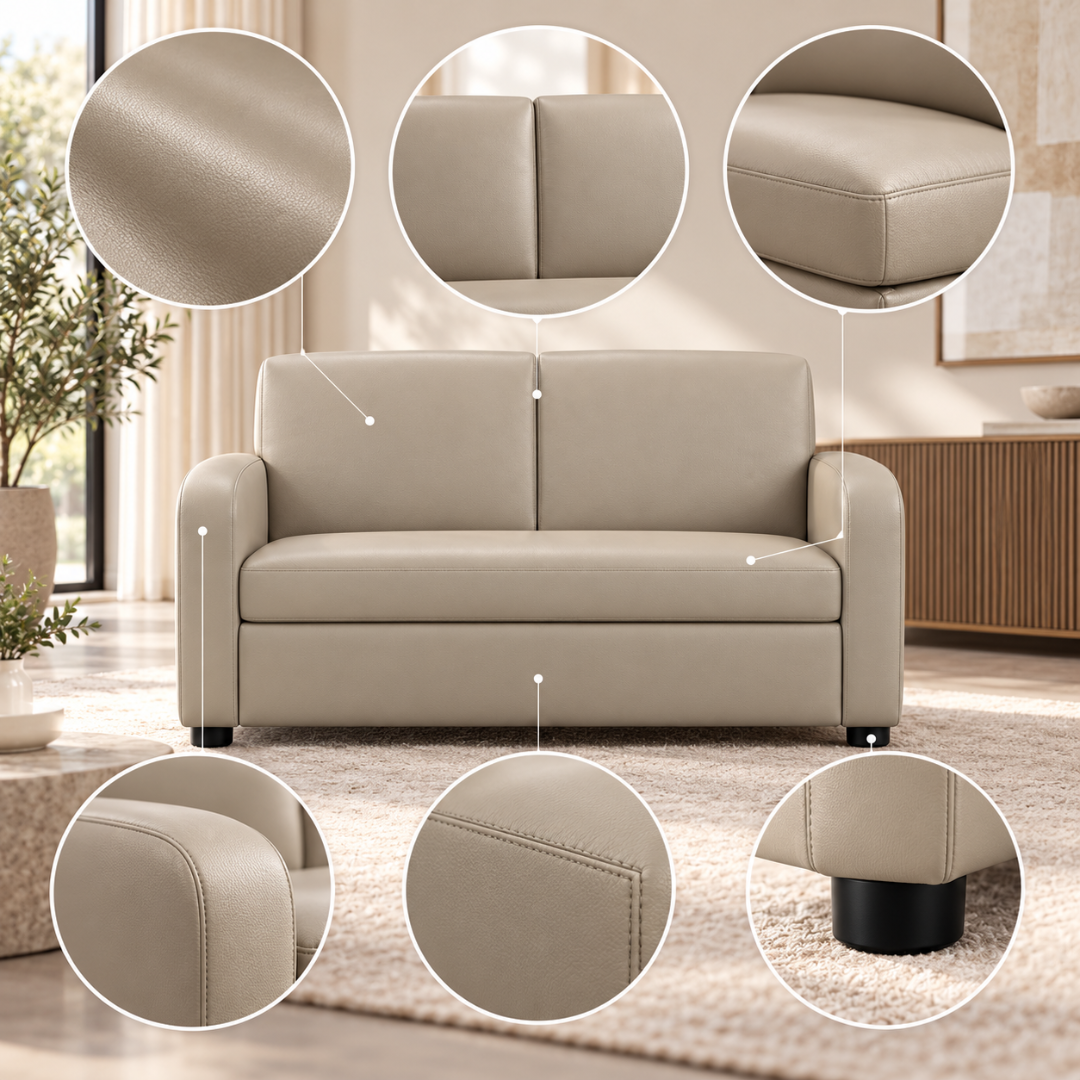 Wooden Twist Medora Care 2 Seater PU Leather Sofa Beige – detail close-ups of PU leather grain, back cushions, seat, arms and black feet