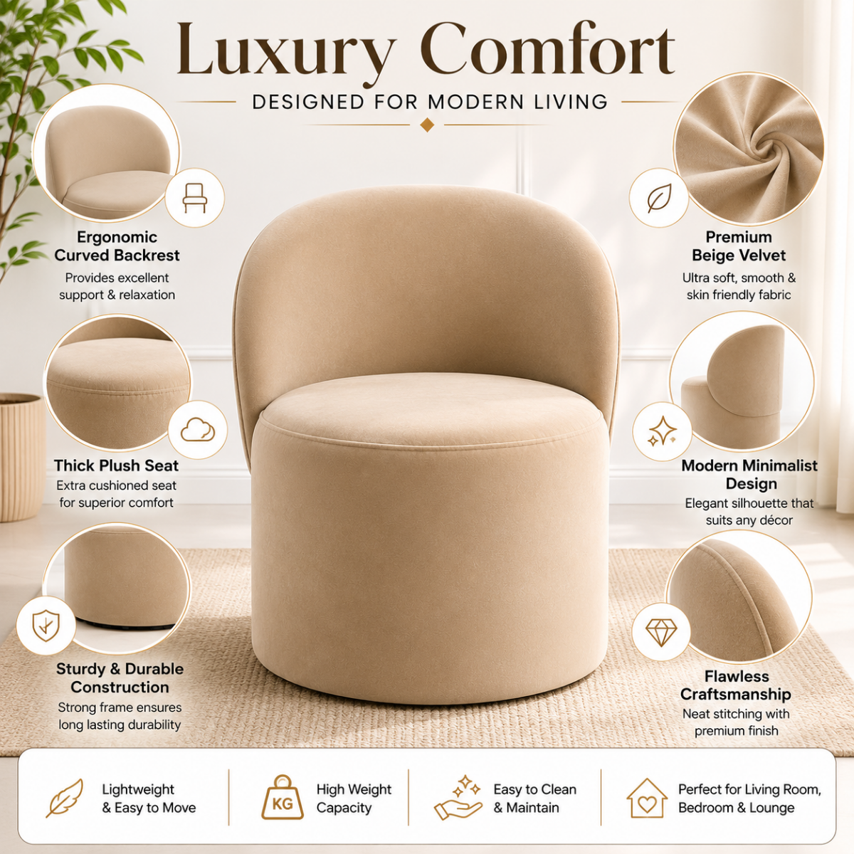 Wooden Twist Luxe Round Velvet Accent Chair with Ergonomic Curved Backrest – Living Room, Bedroom & Lounge