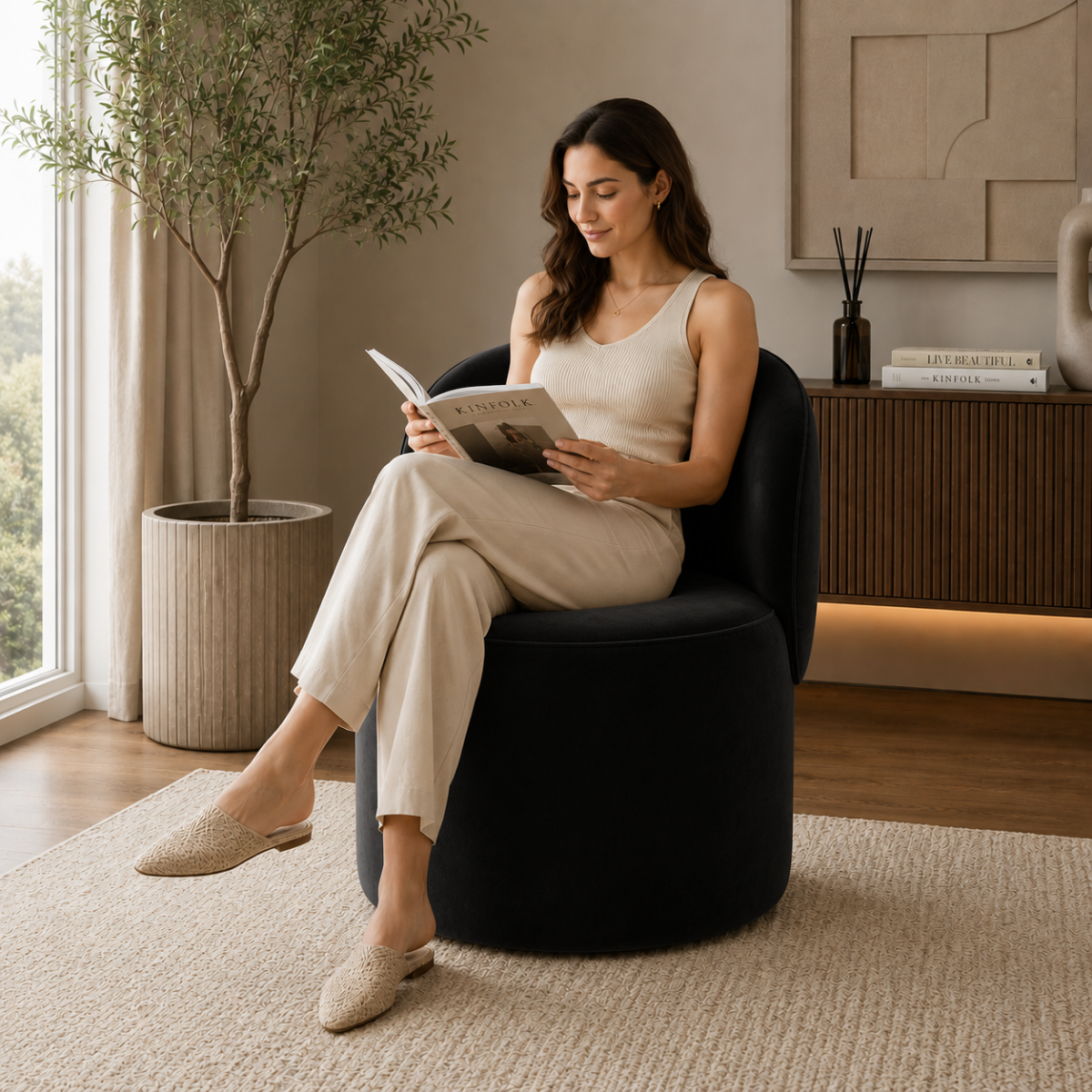 Wooden Twist Luxe Round Velvet Accent Chair with Ergonomic Curved Backrest – Living Room, Bedroom & Lounge