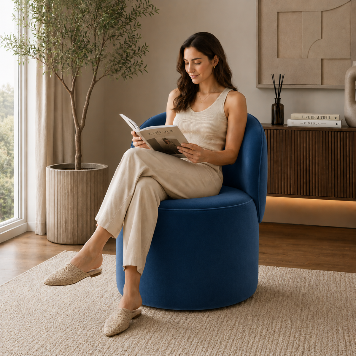 Wooden Twist Luxe Round Velvet Accent Chair with Ergonomic Curved Backrest – Living Room, Bedroom & Lounge