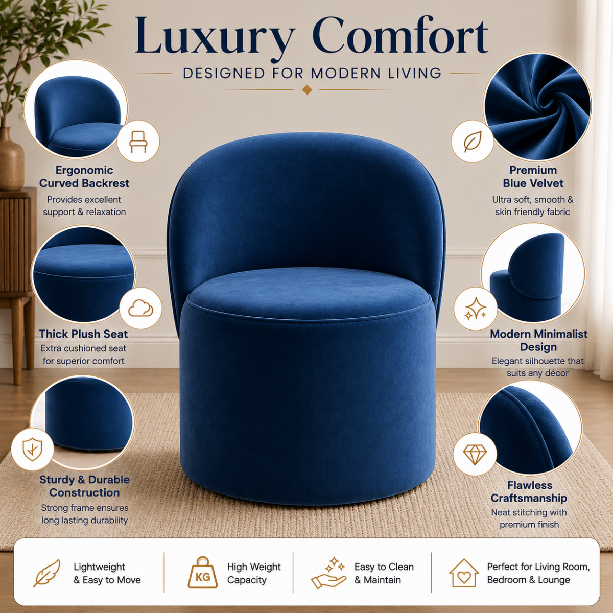 Wooden Twist Luxe Round Velvet Accent Chair with Ergonomic Curved Backrest – Living Room, Bedroom & Lounge