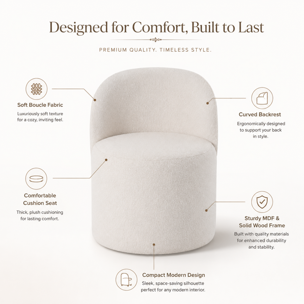 Wooden Twist Modern Boucle Fabric Accent Chair with Curved Backrest & Cushion Seat for Living Room