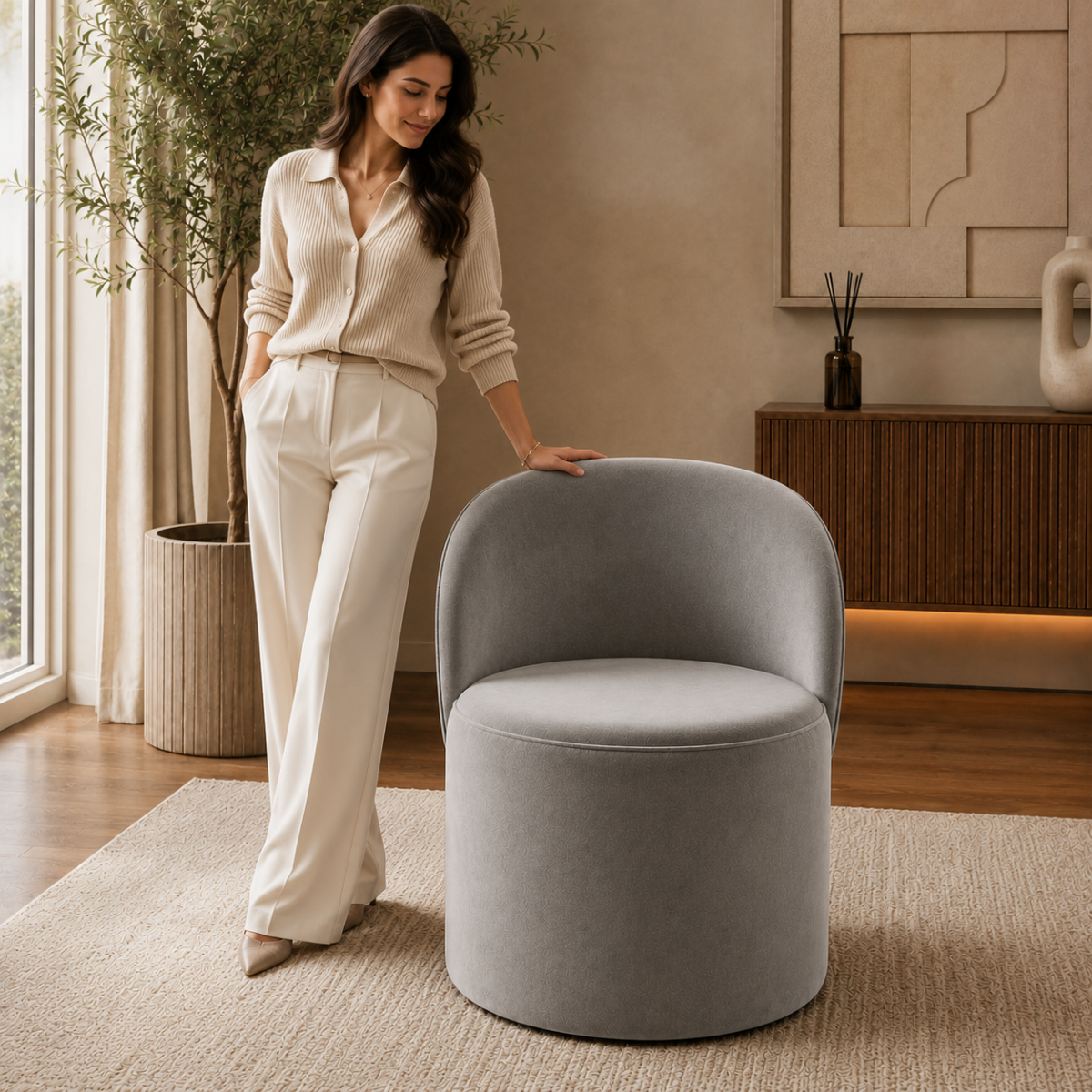 Wooden Twist Luxe Round Velvet Accent Chair with Ergonomic Curved Backrest – Living Room, Bedroom & Lounge