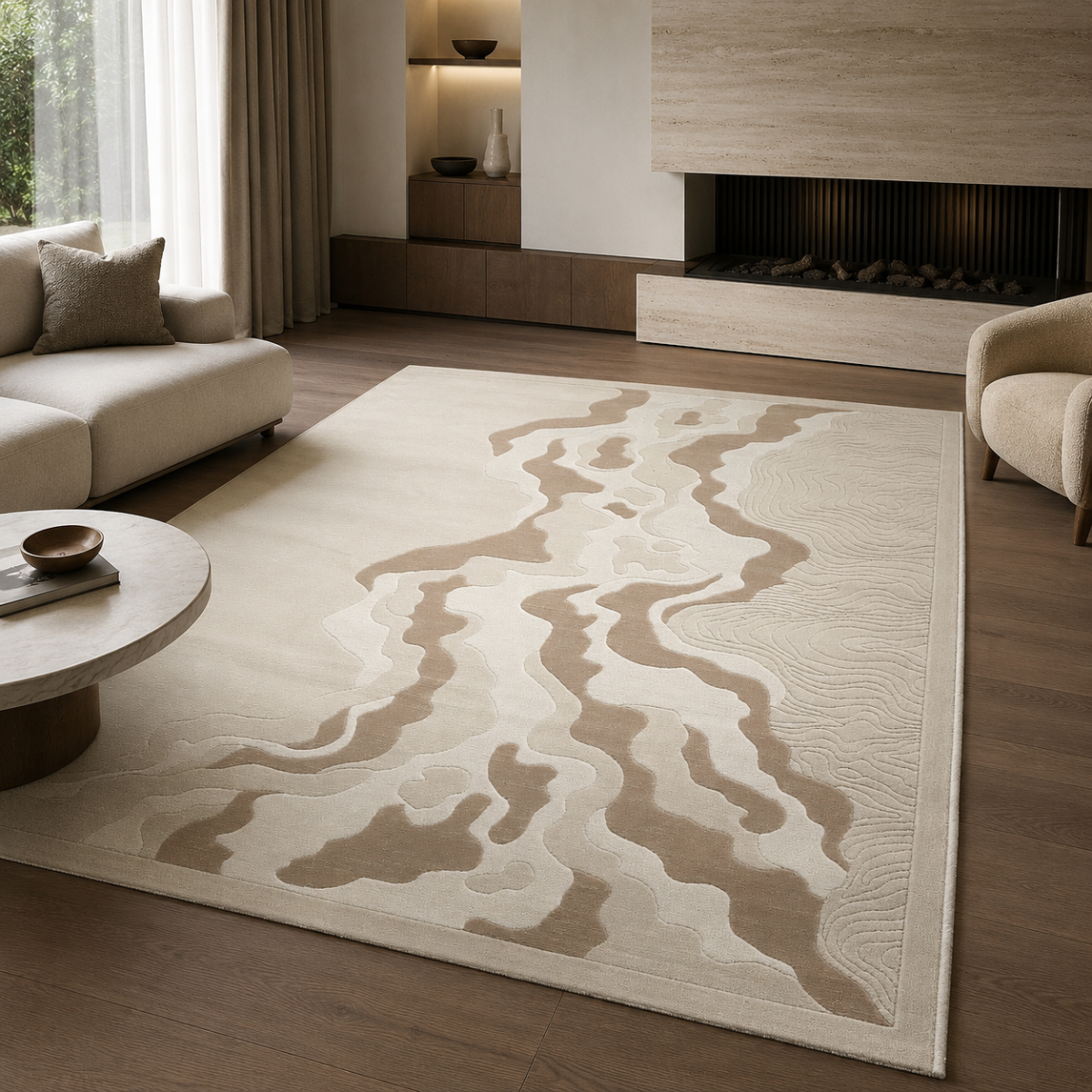 Wooden Twist modern abstract Turkish area rug Beige 200x300cm - lifestyle view in living room