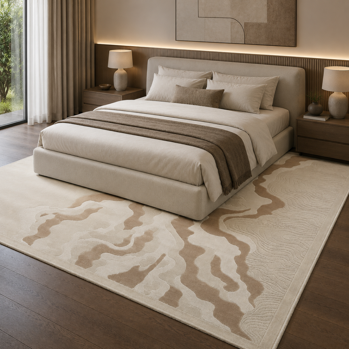 Wooden Twist modern abstract Turkish area rug Beige 200x300cm - lifestyle view in bedroom