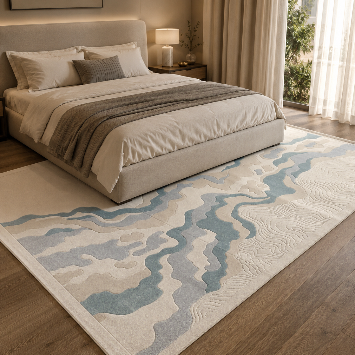Wooden Twist modern abstract Turkish area rug Cream & Blue 200x300cm - lifestyle view in bedroom