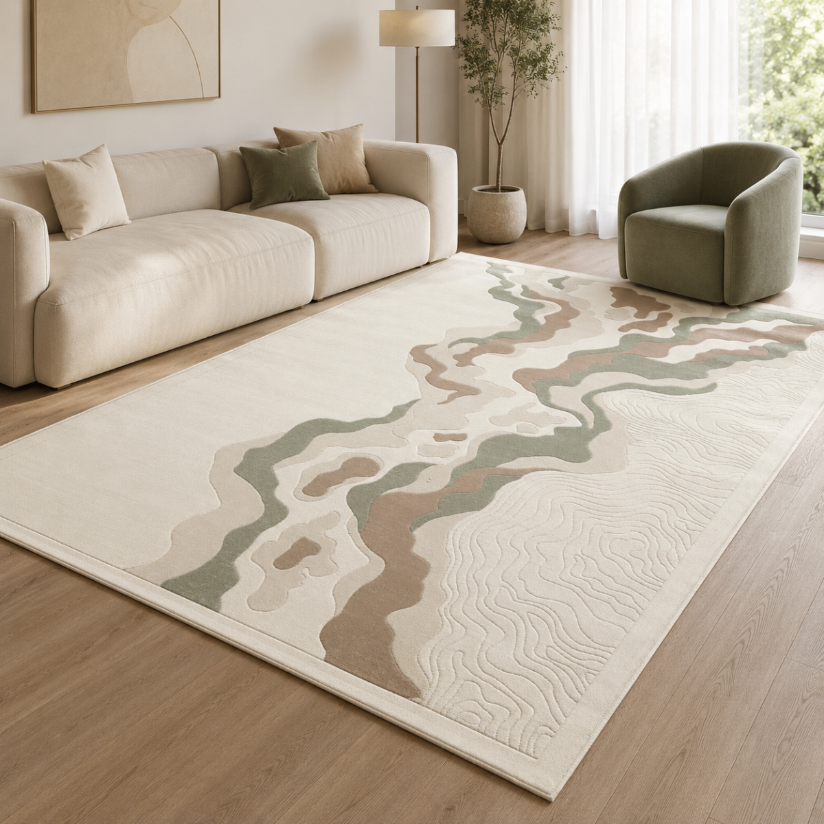Wooden Twist modern abstract Turkish area rug Green 200x300cm - lifestyle view in living room