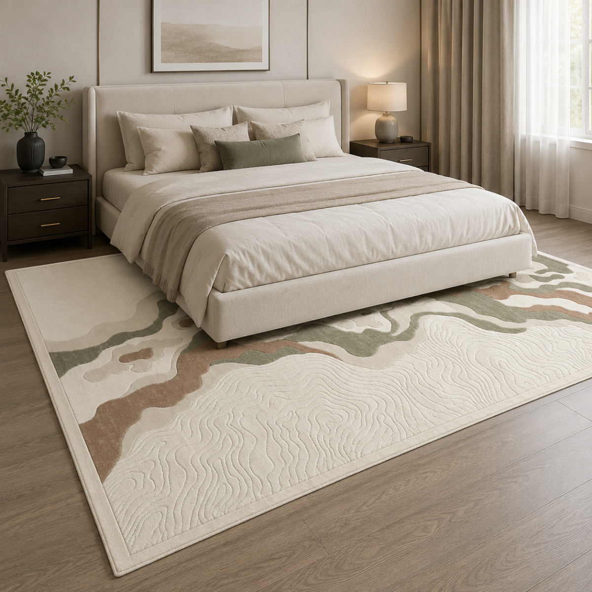 Wooden Twist modern abstract Turkish area rug Green 200x300cm - lifestyle view in bedroom