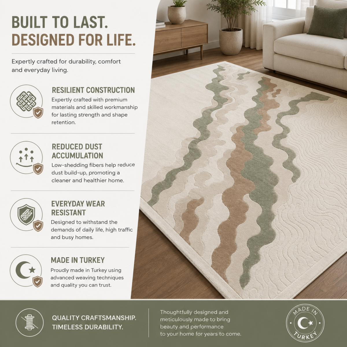 Wooden Twist Turkish area rug quality features - resilient construction, dust reduction, wear resistant, made in Turkey