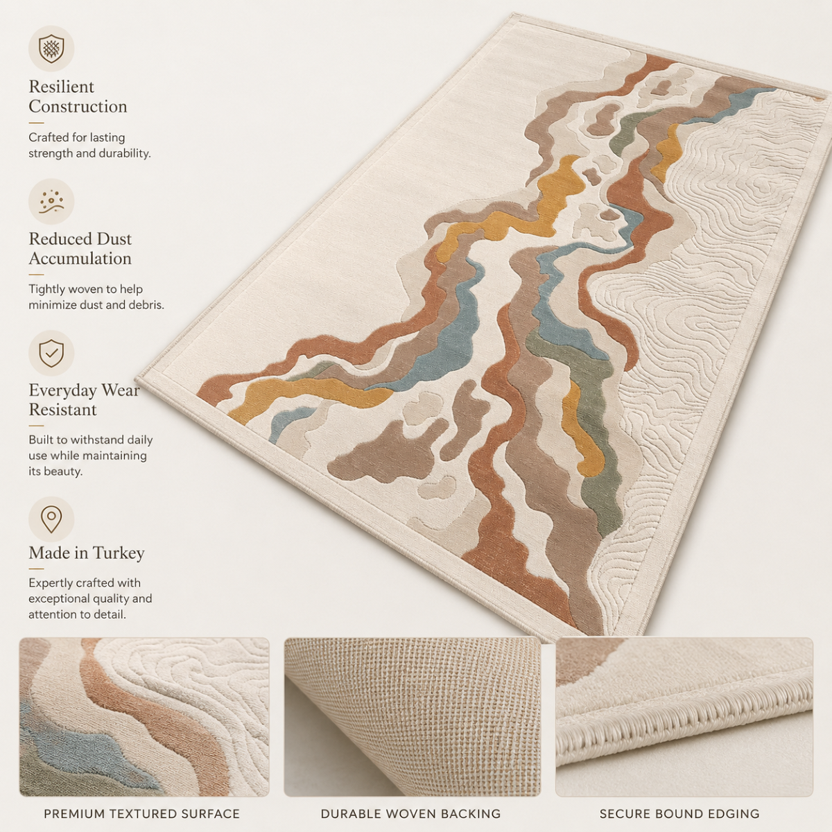 Wooden Twist Turkish area rug quality features - resilient construction, dust reduction, wear resistant, made in Turkey