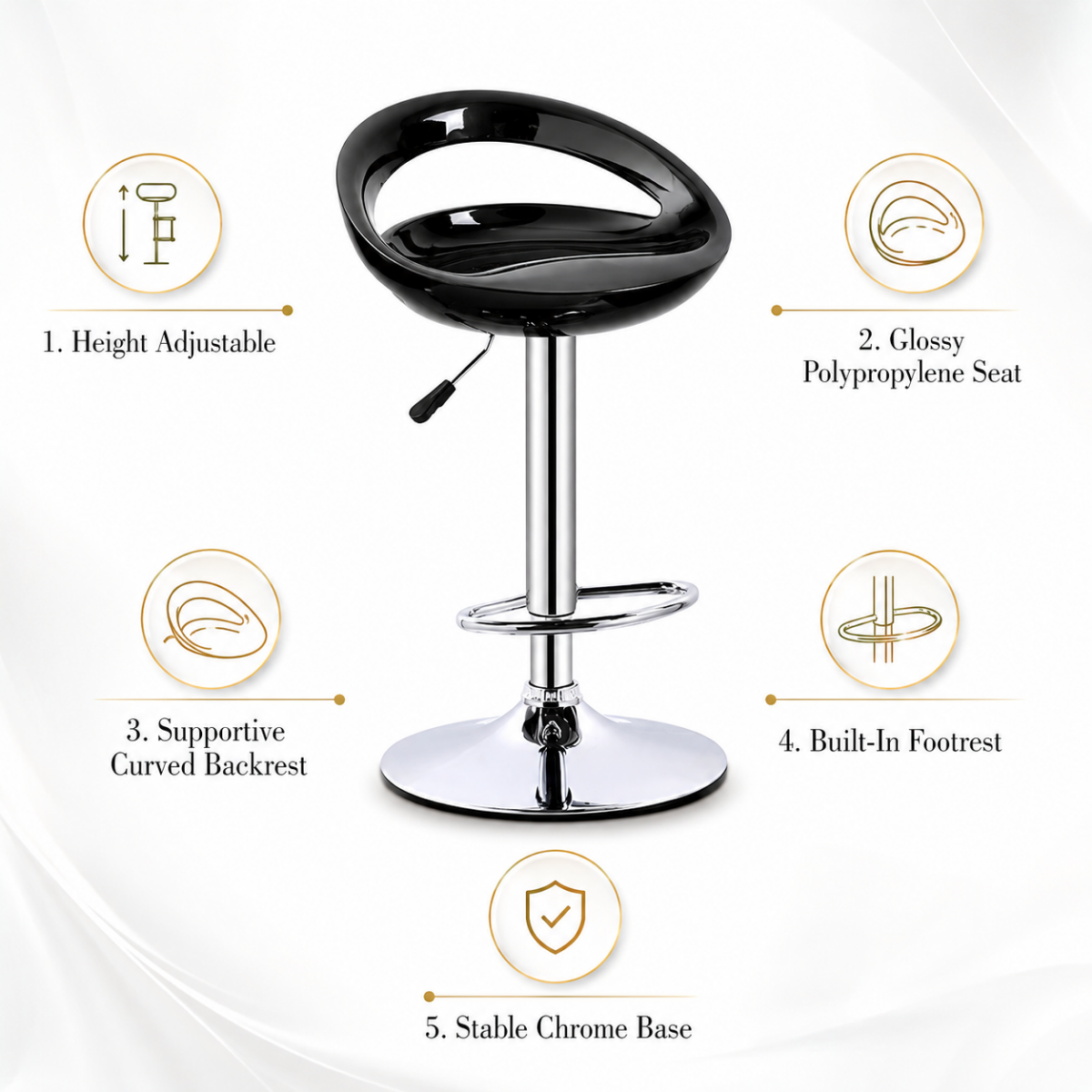 Wooden Twist Modern Adjustable Height Bar Stool with Glossy Polypropylene Crescent Seat & Chrome Base