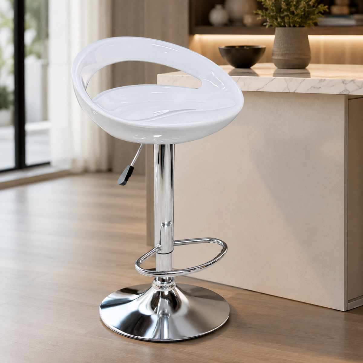Wooden Twist Modern Adjustable Height Bar Stool with Glossy Polypropylene Crescent Seat & Chrome Base
