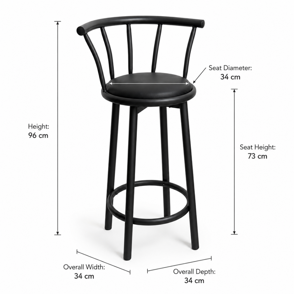 Wooden Twist Modern Black Metal Bar Chair with PU Leather Padded Seat & Ergonomic Curved Backrest