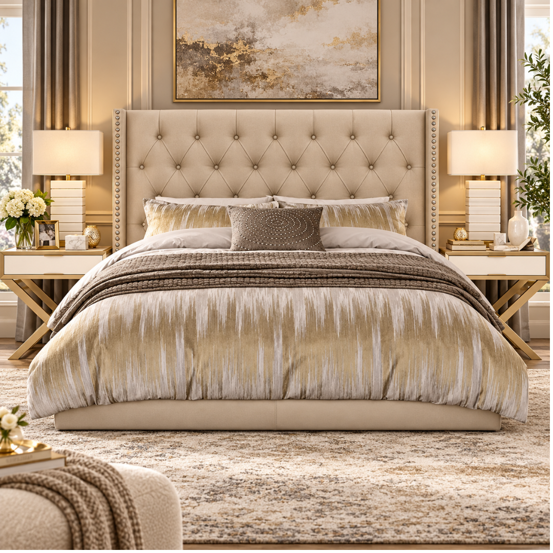 Wooden Twist Holland Wingback Tufted Velvet Bed Golden – luxury bedroom