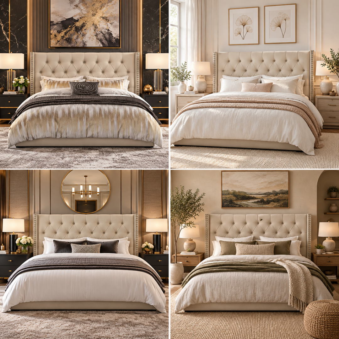Wooden Twist Holland Wingback Tufted Velvet Bed Golden – four bedroom styles