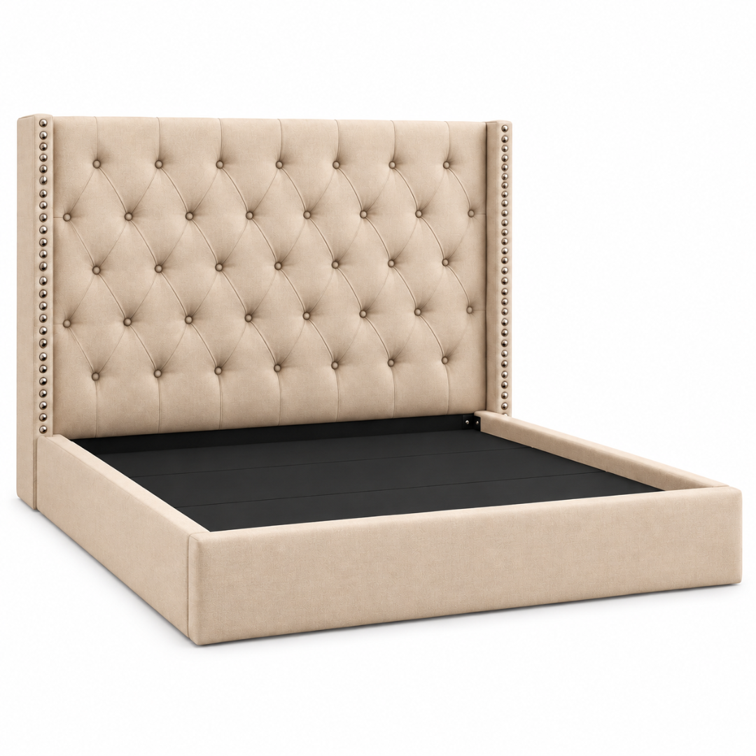 Wooden Twist Holland Wingback Tufted Velvet Bed Golden – frame angle view