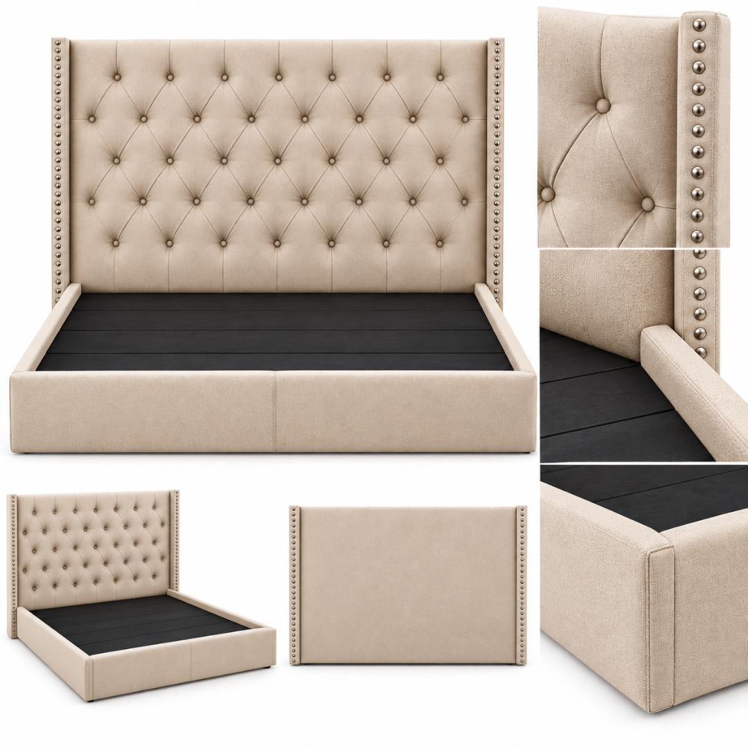 Wooden Twist Holland Wingback Tufted Velvet Bed Golden – detail views