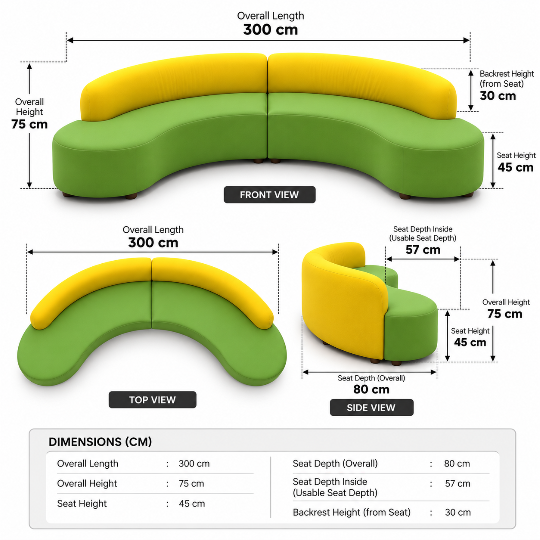 Citrus curved sofa dimensions: 300 cm long, 75 cm high, 80 cm deep, 45 cm seat height