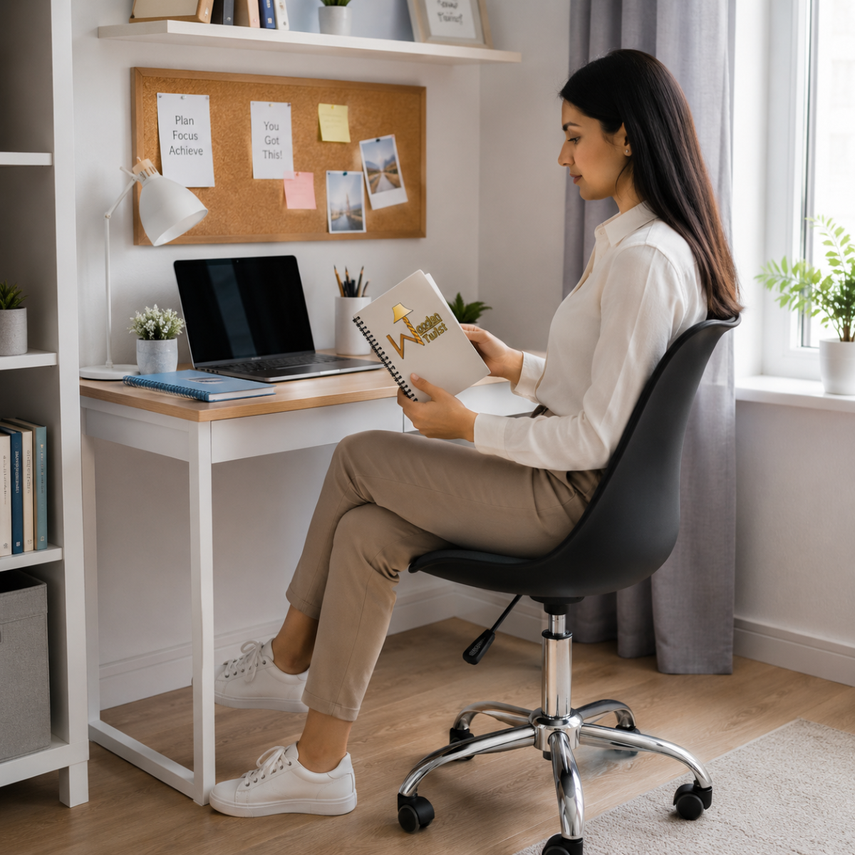 Woman reading in a Wooden Twist black swivel office chair at her desk