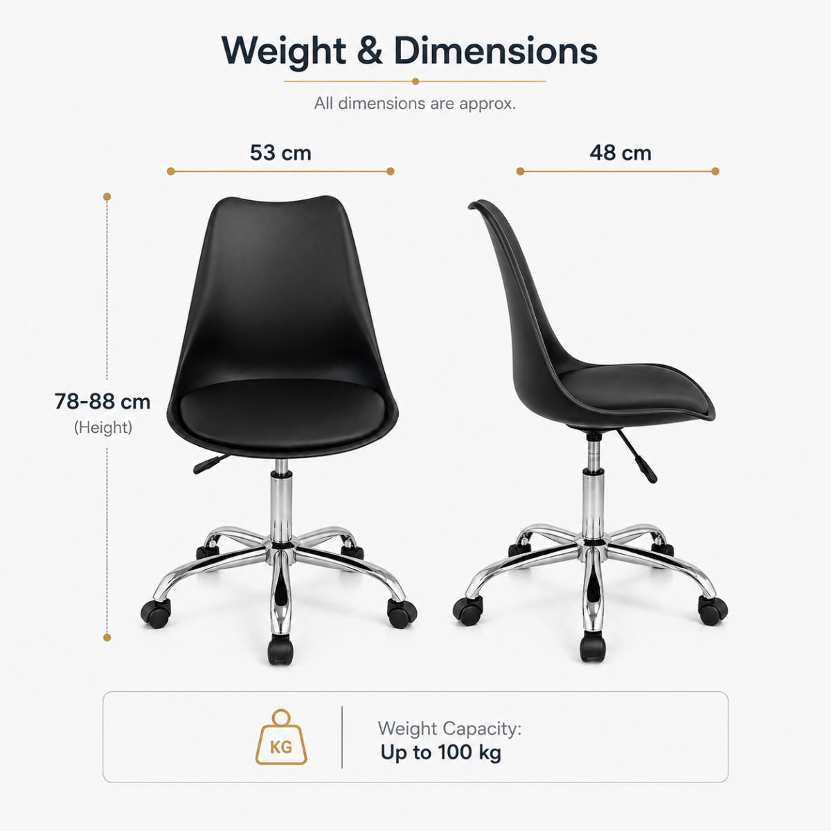 Wooden Twist black swivel office chair dimensions - width 53cm, depth 48cm, height 78-88cm