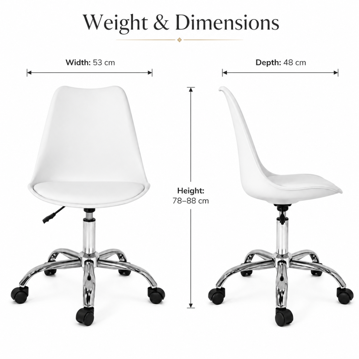 Wooden Twist white swivel office chair dimensions - width 53cm, depth 48cm, height 78-88cm