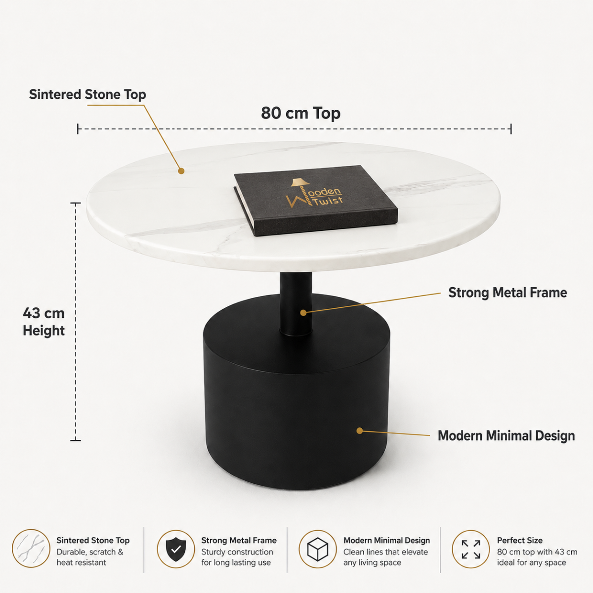 Wooden Twist Modern Round Sintered Stone Coffee Table 80cm - Key Features: sintered stone top, strong metal frame, modern minimal design, 80cm top with 43cm height