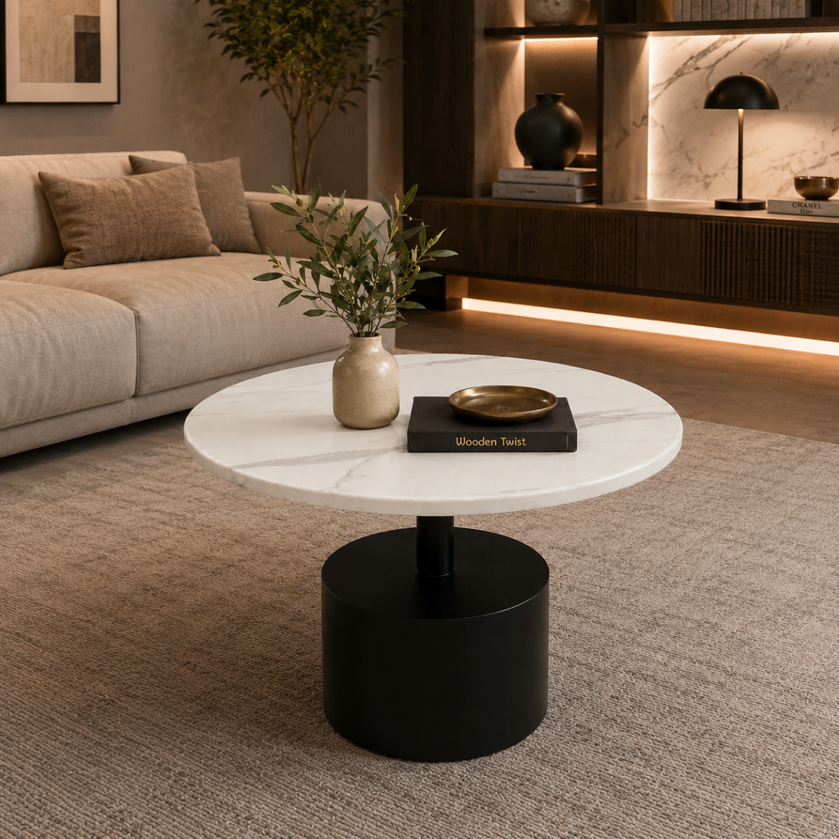 Wooden Twist Modern Round Sintered Stone Coffee Table 80cm, warm-toned living room lifestyle view