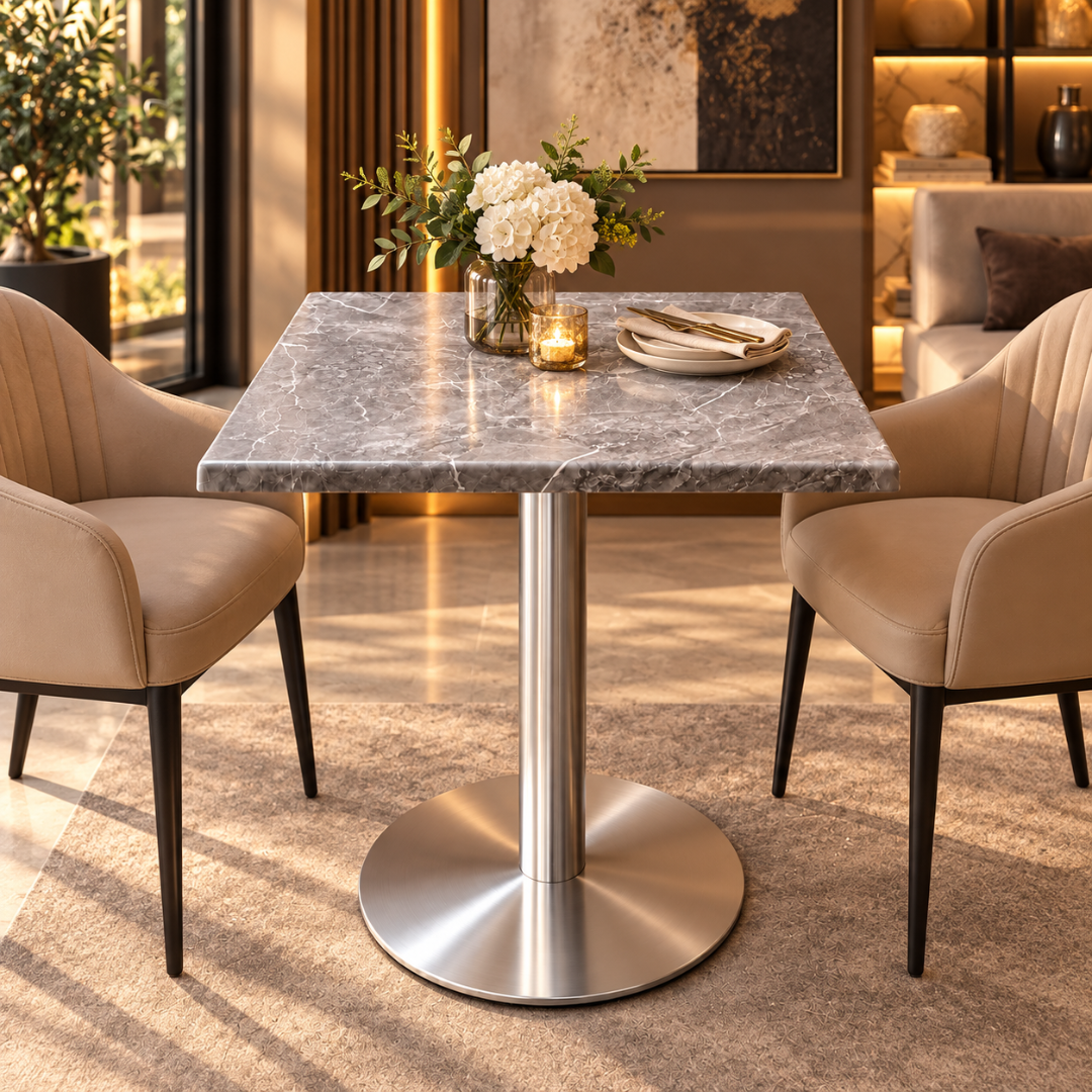Wooden Twist Vellora Square Pedestal Table Grey Marble Finish – dining lounge