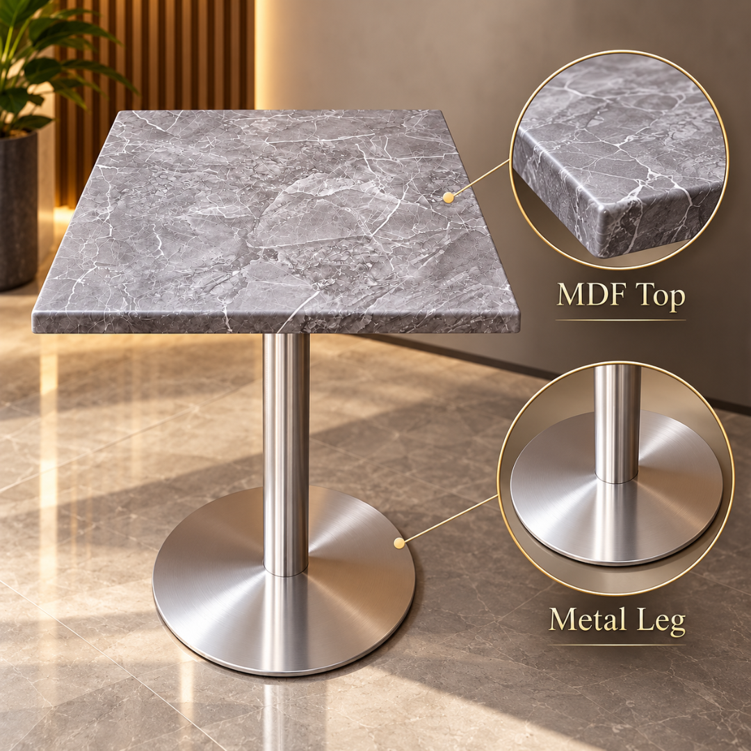 Wooden Twist Vellora Square Pedestal Table Grey Marble Finish – MDF top and metal leg