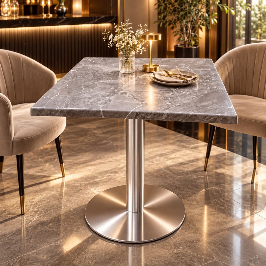 Wooden Twist Vellora Square Pedestal Table Grey Marble Finish – dining setting