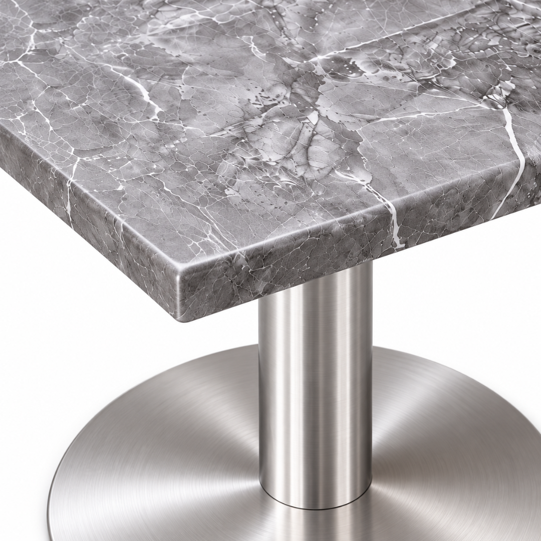Wooden Twist Vellora Square Pedestal Table Grey Marble Finish – edge and pedestal close-up