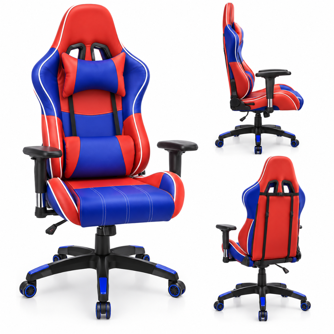 Wooden Twist Velocity Red & Blue Racing Gaming Chair – front, side and back views