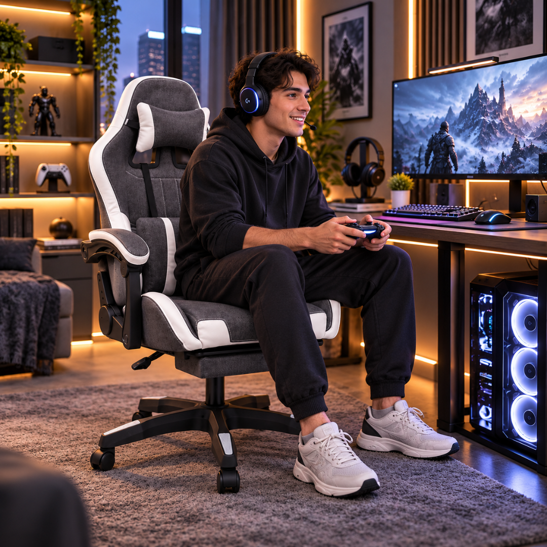Wooden Twist Nexora Grey & White Fabric Gaming Chair with Footrest – gamer seated