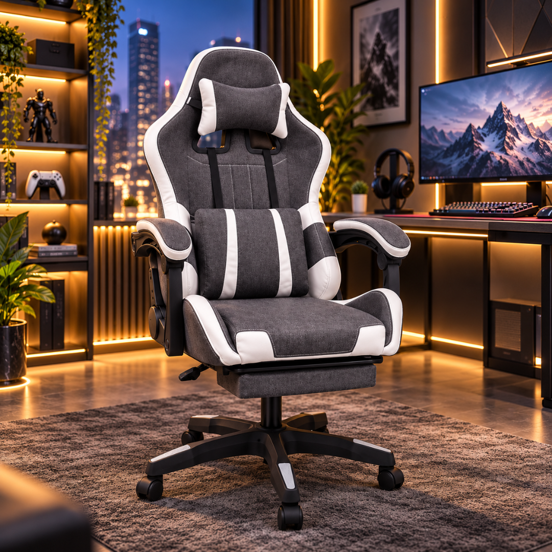 Wooden Twist Nexora Grey & White Fabric Gaming Chair with Footrest – gaming setup