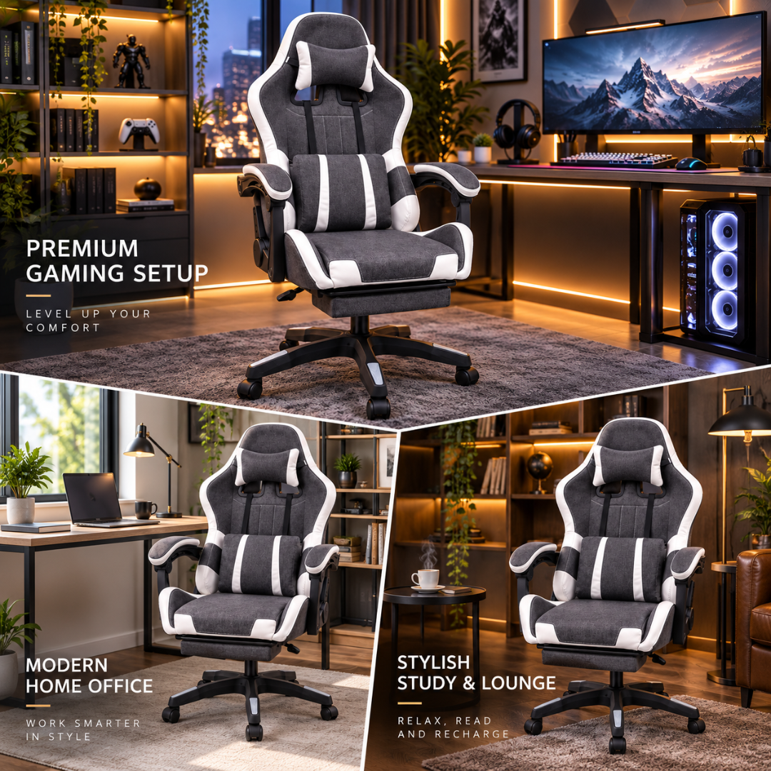 Wooden Twist Nexora Grey & White Fabric Gaming Chair with Footrest – gaming, office and lounge settings