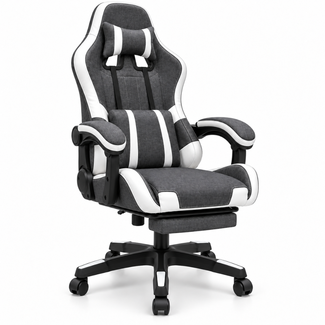 Wooden Twist Nexora Grey & White Fabric Gaming Chair with Footrest – angle view