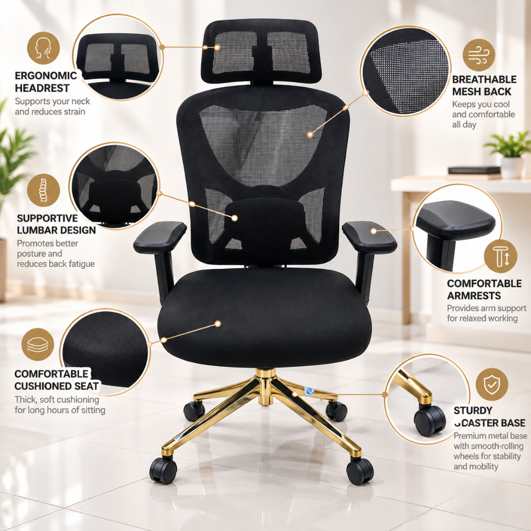 Wooden Twist Aurelio Ergonomic Mesh Office Chair Black & Gold – Key Features